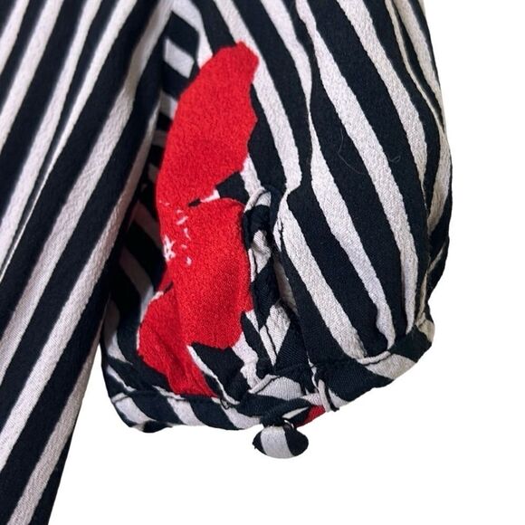 Madewell - Mini Ruffle Wrap Dress, Striped Floral - Size 00, Black, White, Red - Picture 14 of 16